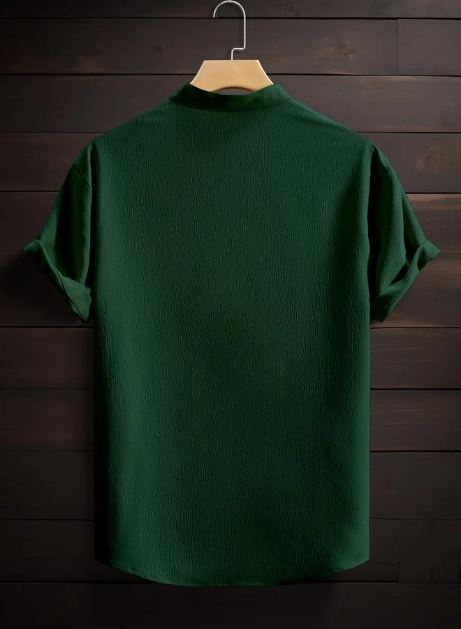 Take Two Men Dark Green Mandarin Collar Short Sleeve Shirt